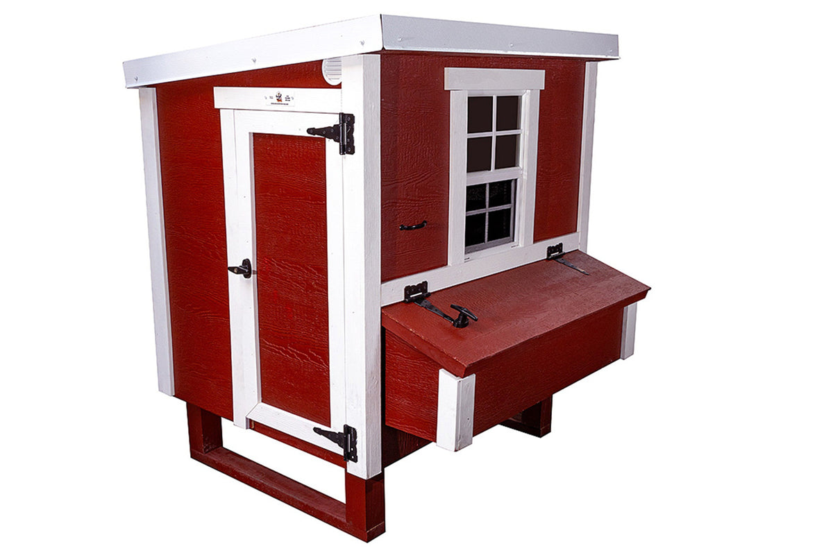 Red medium chicken coop with white trim, with people door and nesting box