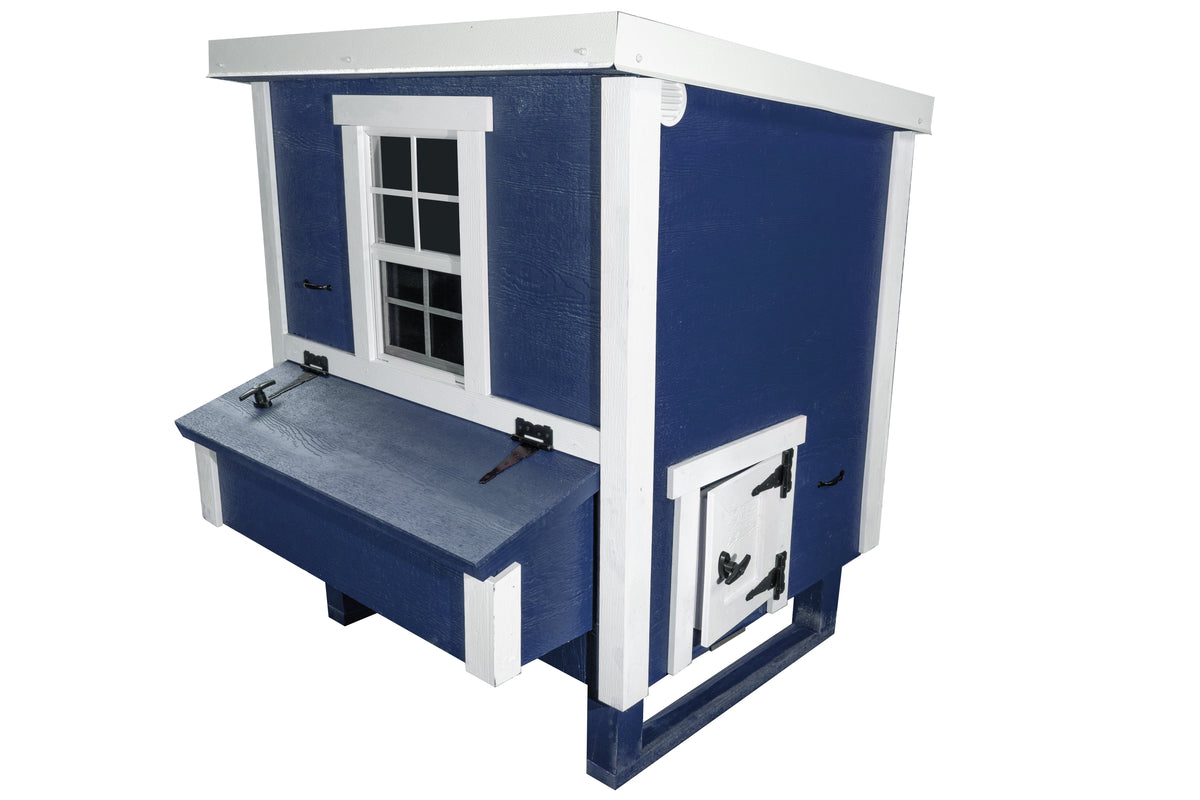 Red medium chicken coop with white trim, side view with external nesting box