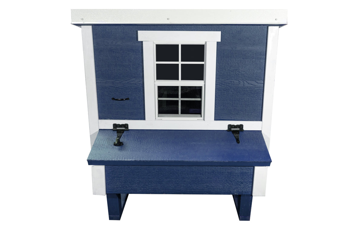 Blue medium chicken coop with white trim, front view with nesting boxes