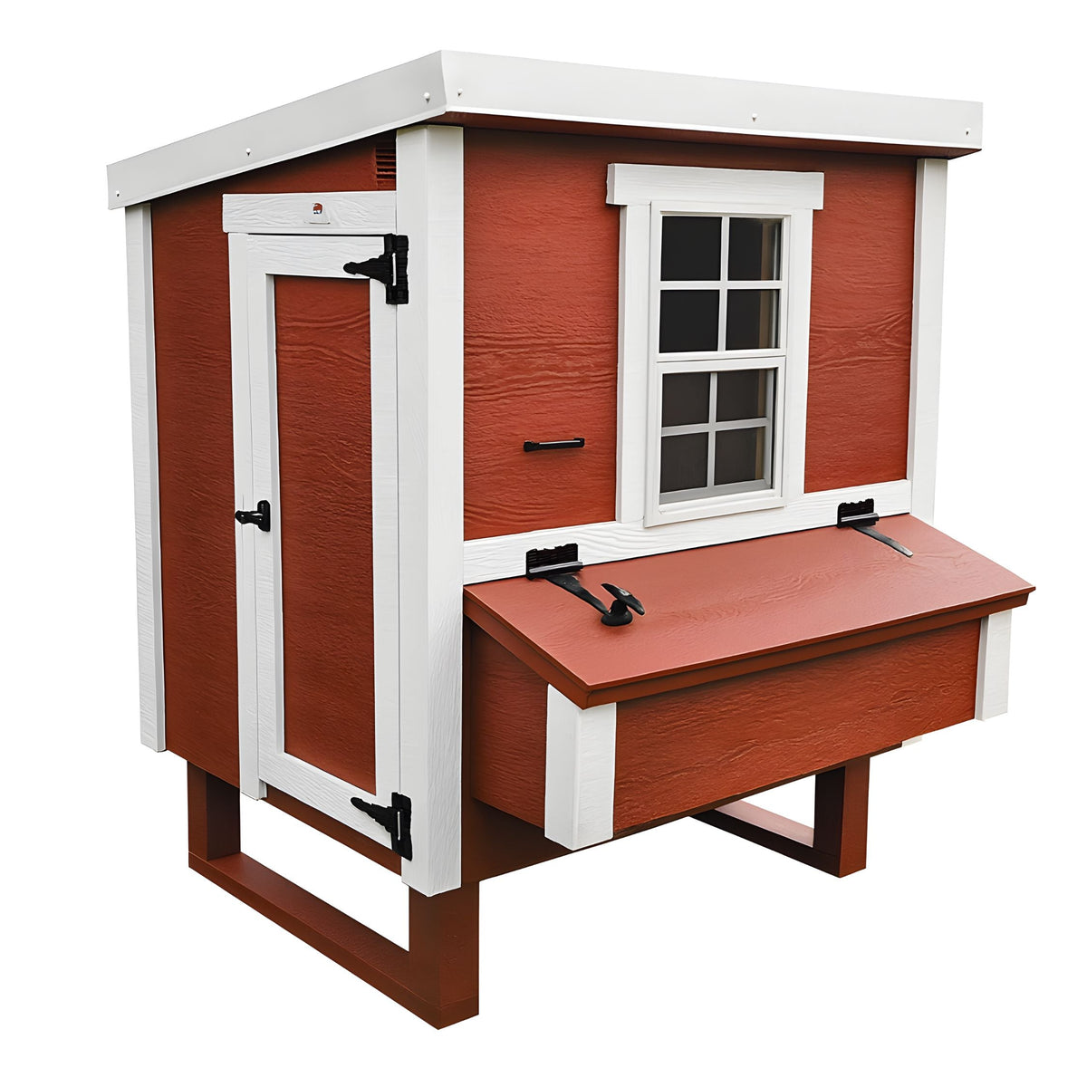 Red medium chicken coop with white trim, with people door and nesting box