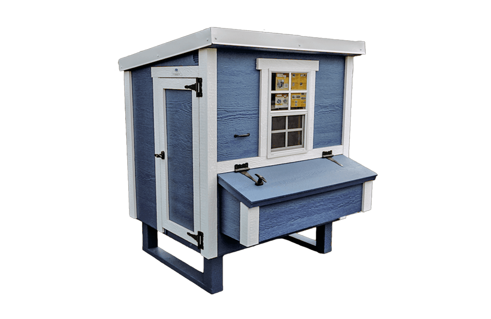 Blue medium chicken coop with white trim, angled view with nesting boxes