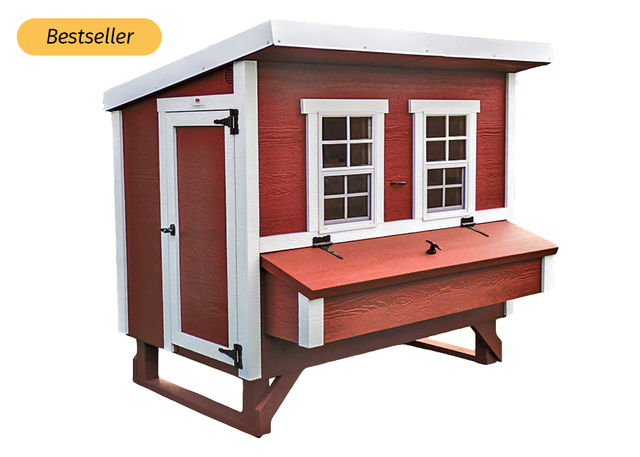Red large chicken coop with white trim, bestseller