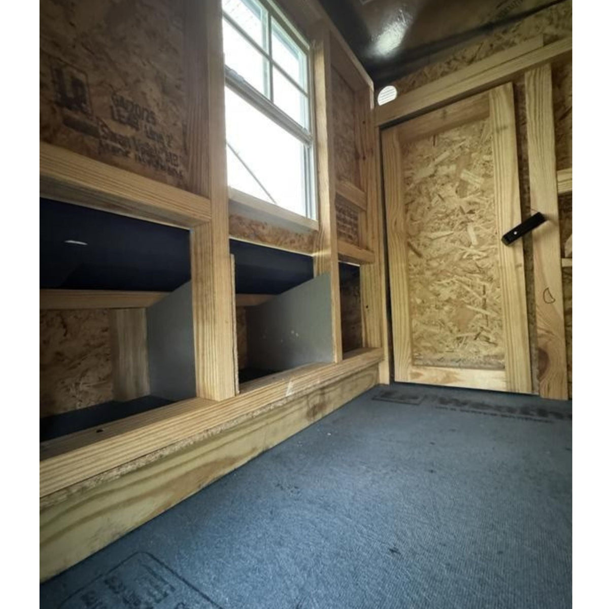 Inside the medium chicken coop with roost bars and windows