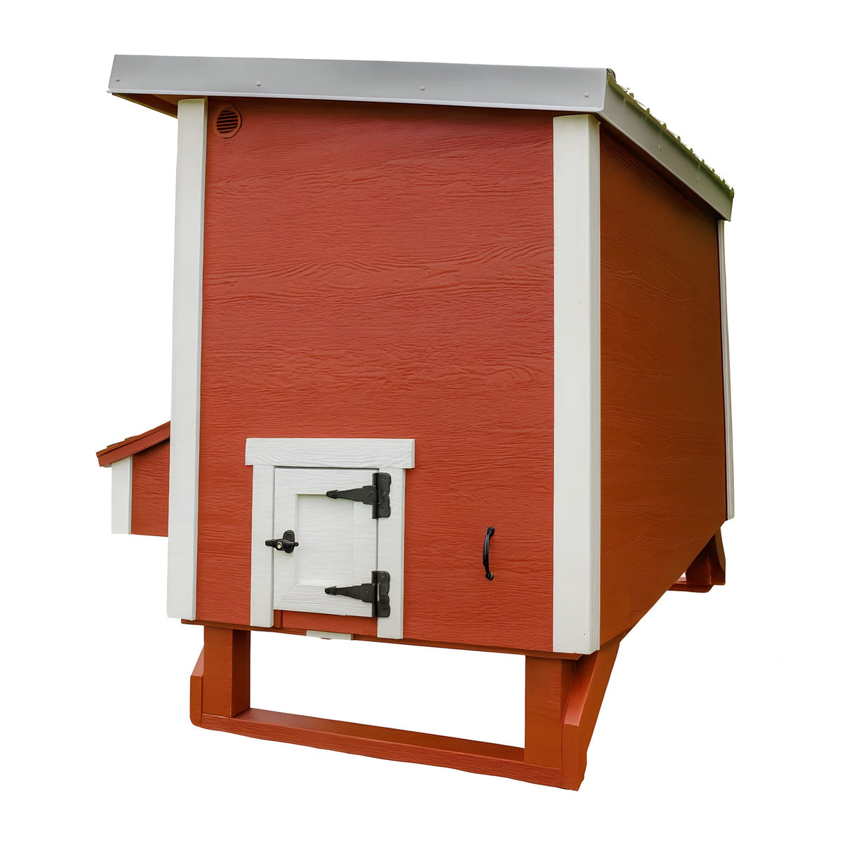 Red large chicken coop with white trim, back view with chicken pop door