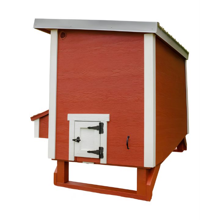 Red large chicken coop with white trim, back view with chicken pop door