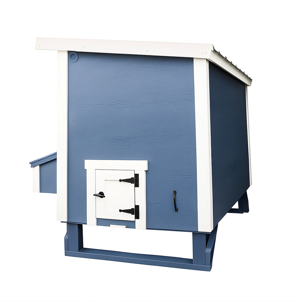 Blue large chicken coop with white trim, back view with chicken pop door