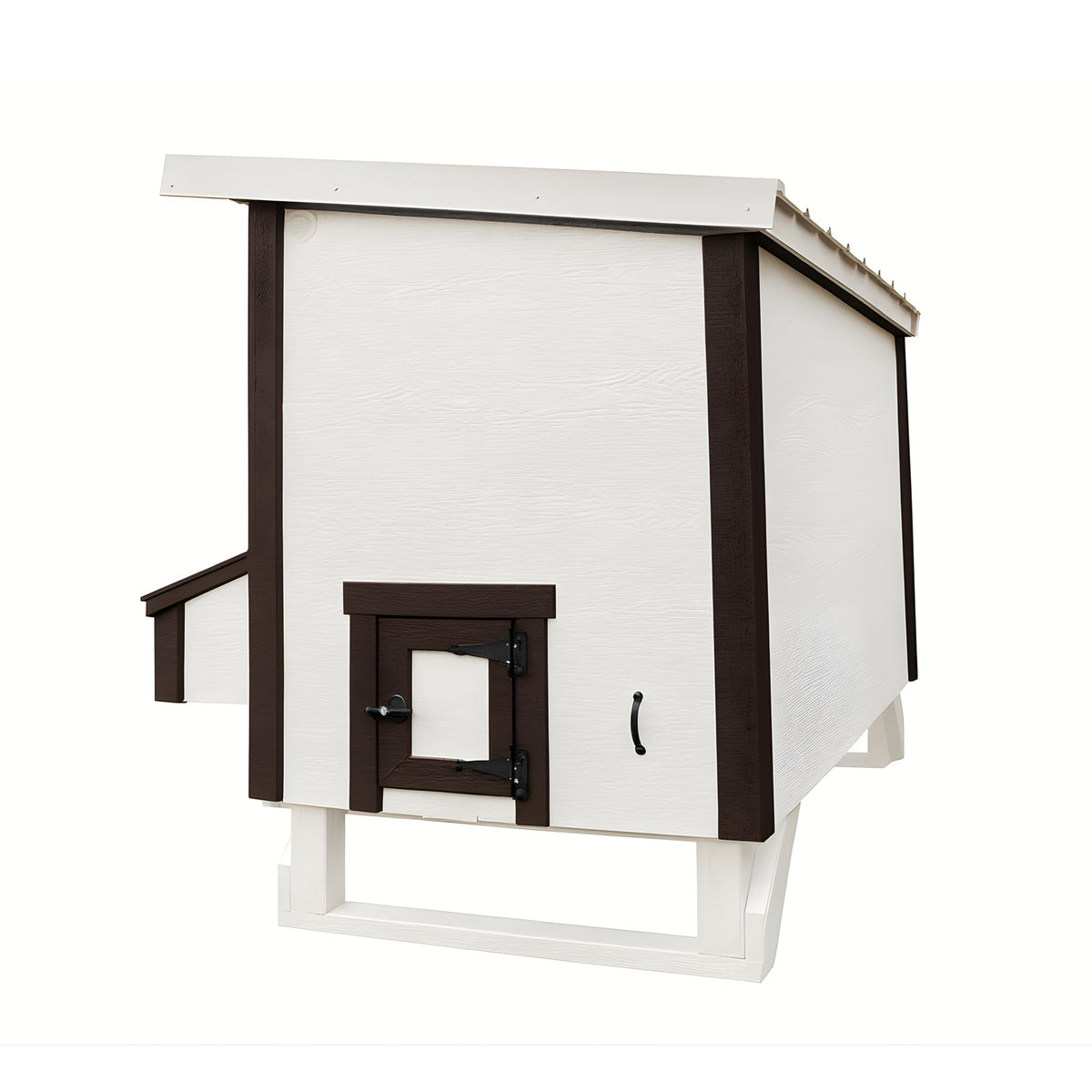 White farmhouse-style large chicken coop, back view with chicken pop door