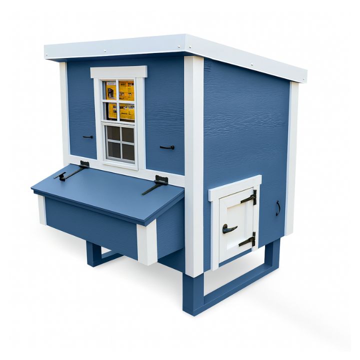 Blue medium chicken coop with white trim, side view with external nesting box