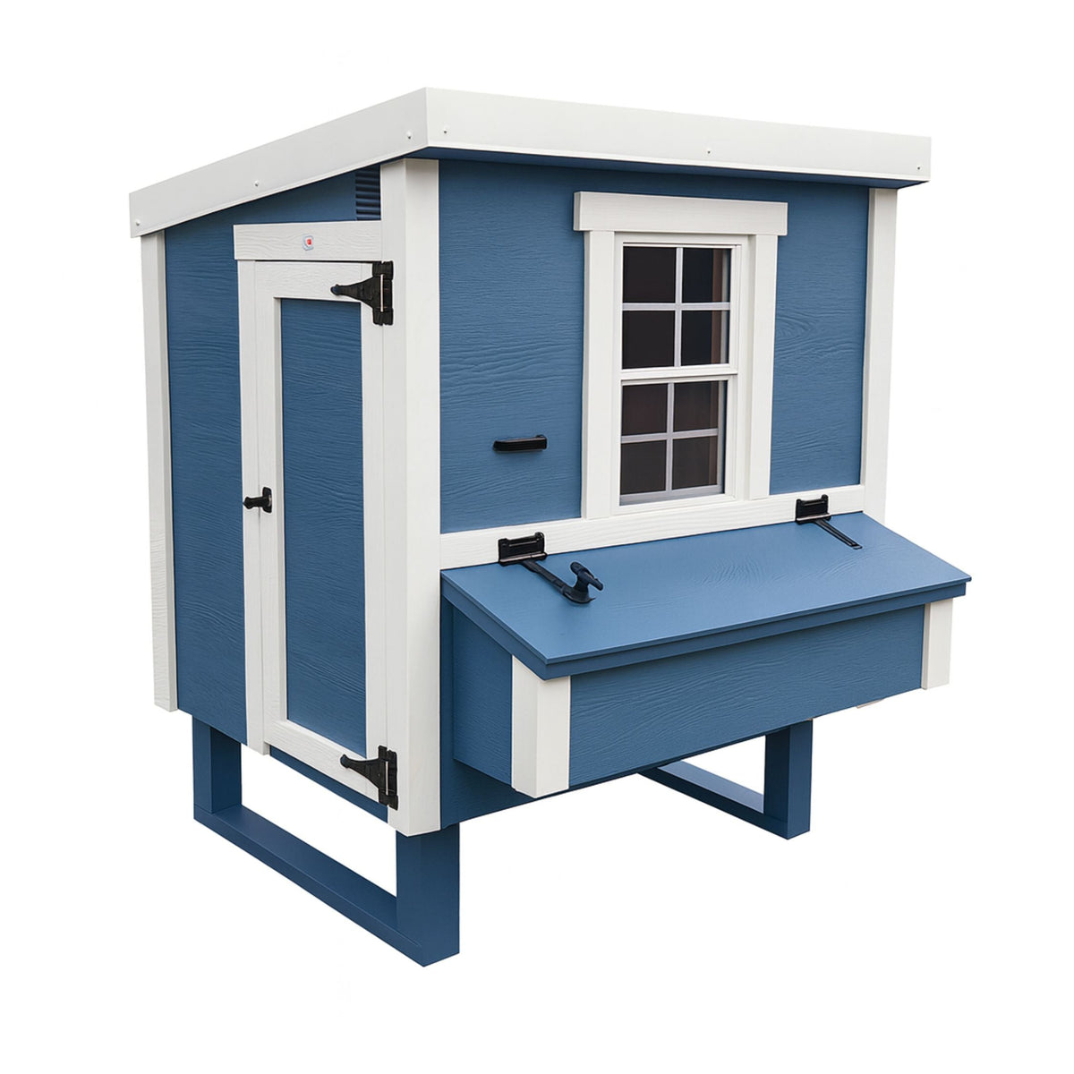 Blue medium chicken coop with white trim, with people door and nesting box