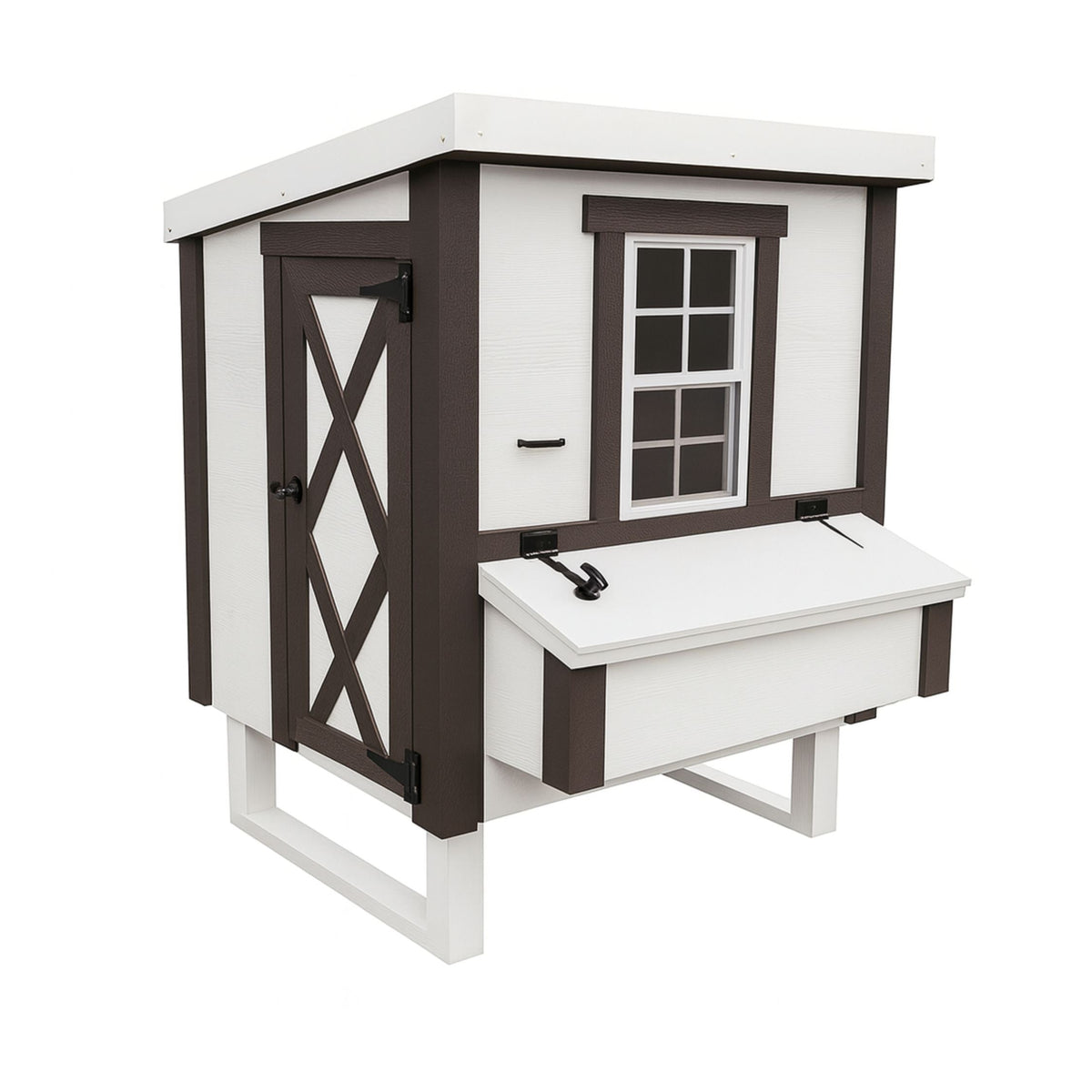 White farmhouse-style medium chicken coop, angled view with nesting boxes