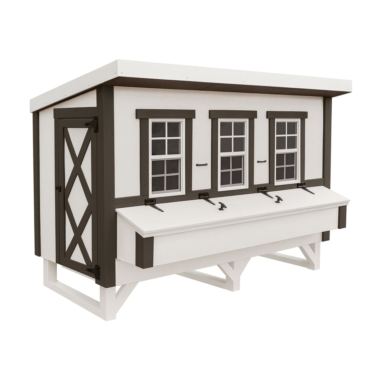 White farmhouse-style XL chicken coop, front view with nesting boxes