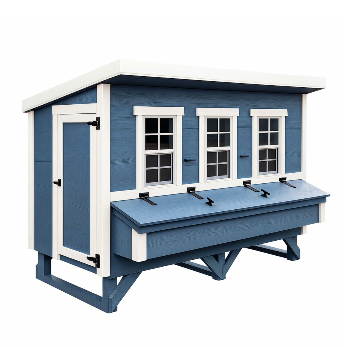 Blue XL chicken coop with white trim, front view with nesting boxes