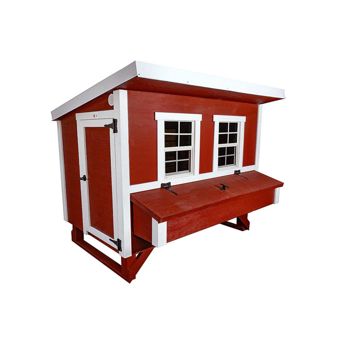 Red large chicken coop with white trim, angled view with nesting boxes