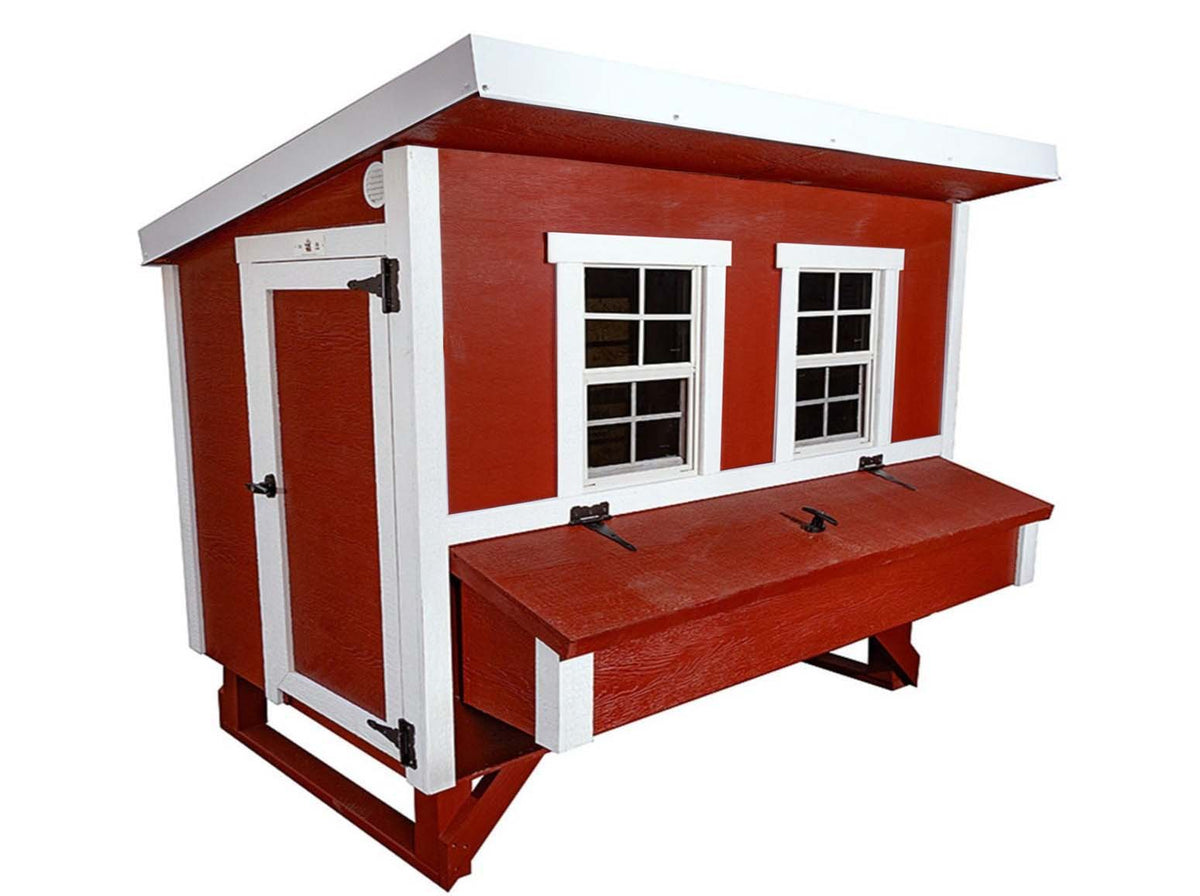 Red large chicken coop with white trim, angled view with nesting boxes