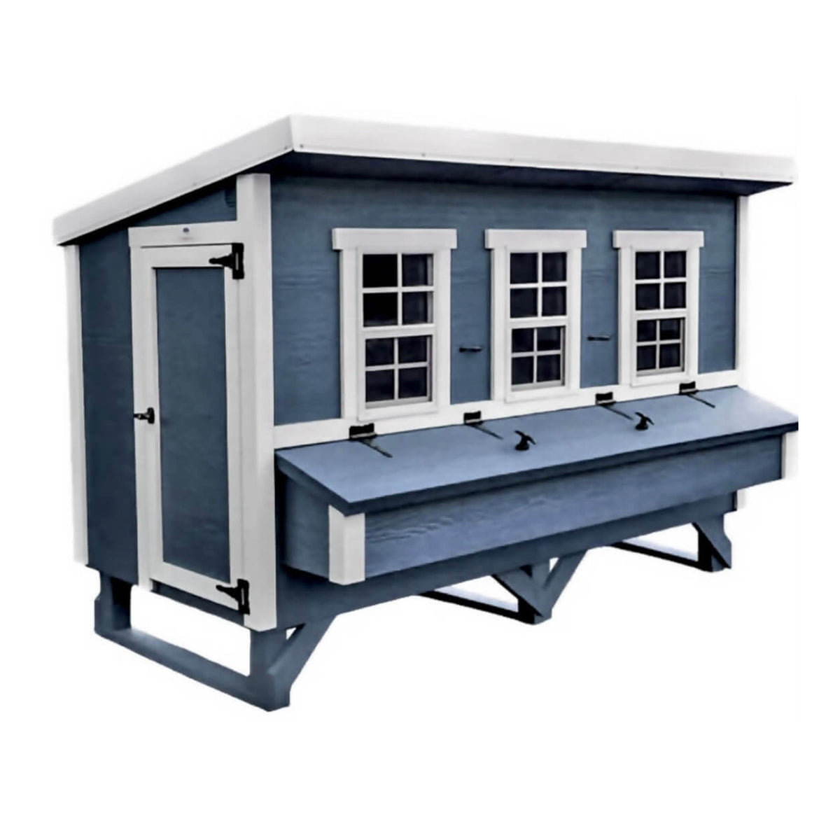 Blue XL chicken coop with white trim, angled view with nesting boxes