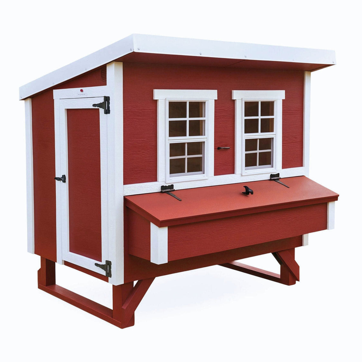 Red large chicken coop with white trim, with people door and nesting box