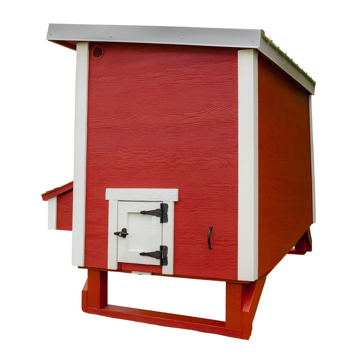 Red large chicken coop with white trim, back view with chicken pop door