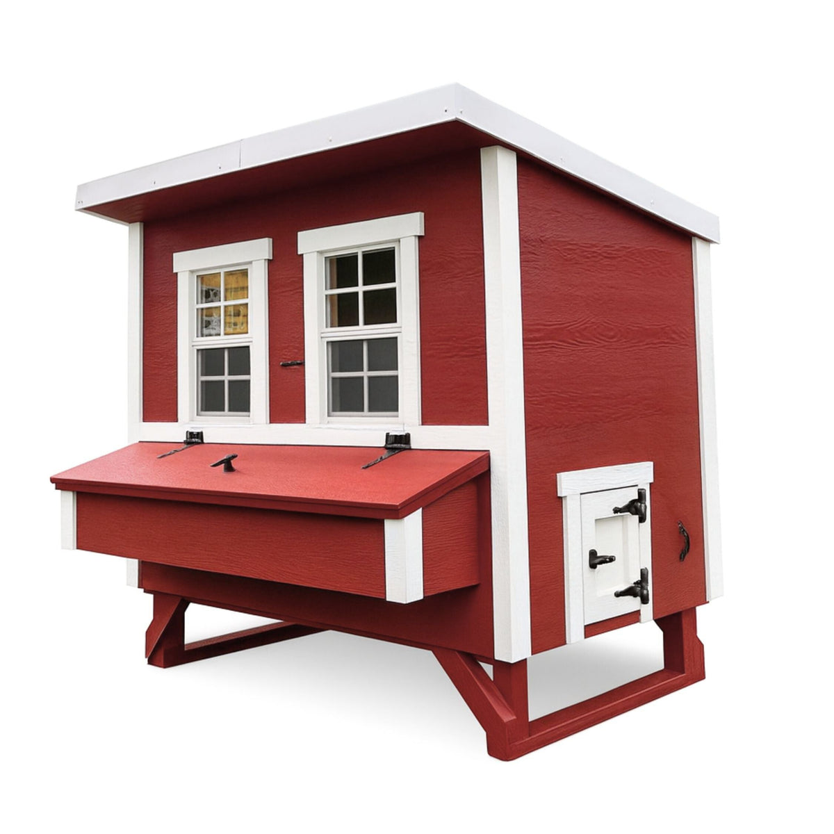 Red large chicken coop with white trim, side view with external nesting box