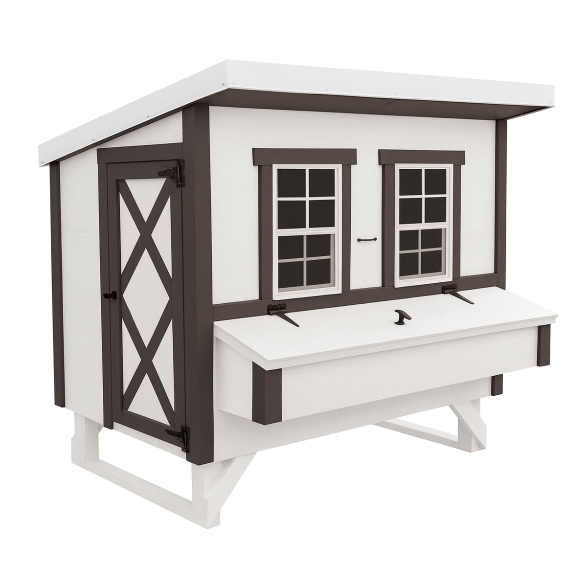 White farmhouse-style large chicken coop, angled view with nesting boxes