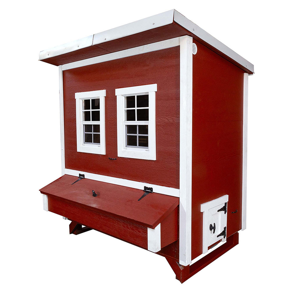 Red large chicken coop with white trim, side view with external nesting box