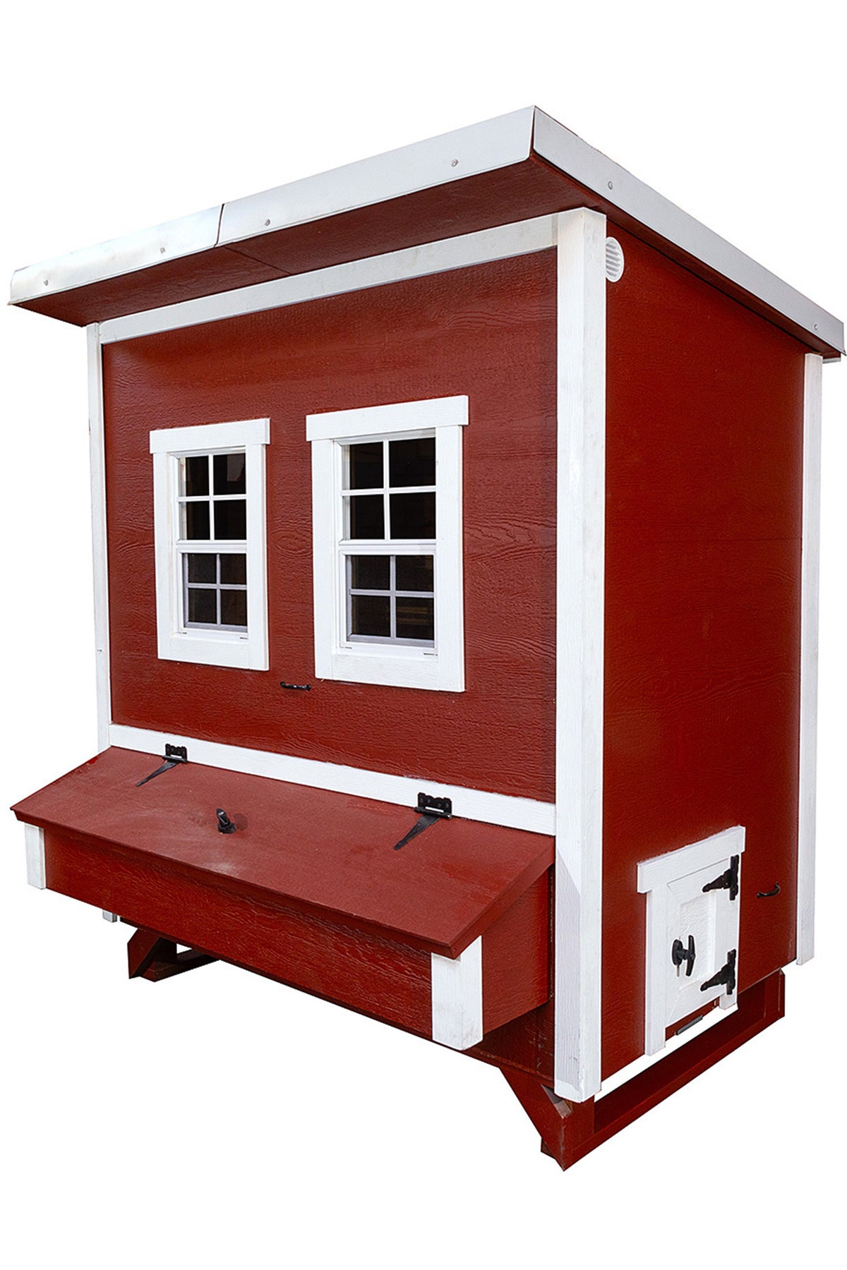 Red large chicken coop with white trim, side view with external nesting box