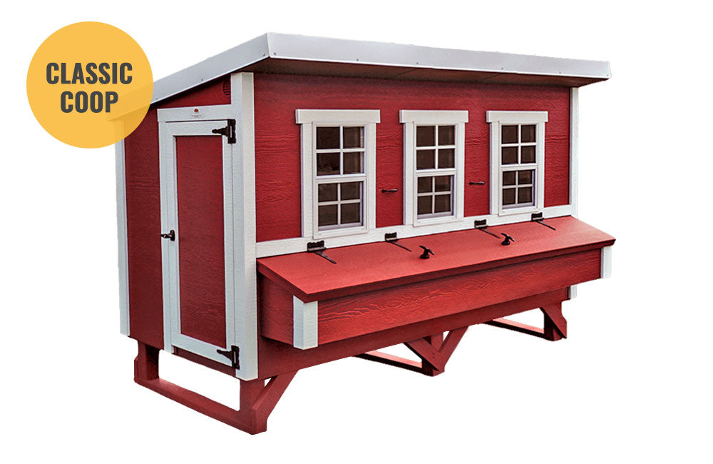 Red XL chicken coop with white trim, in stock and ready to ship