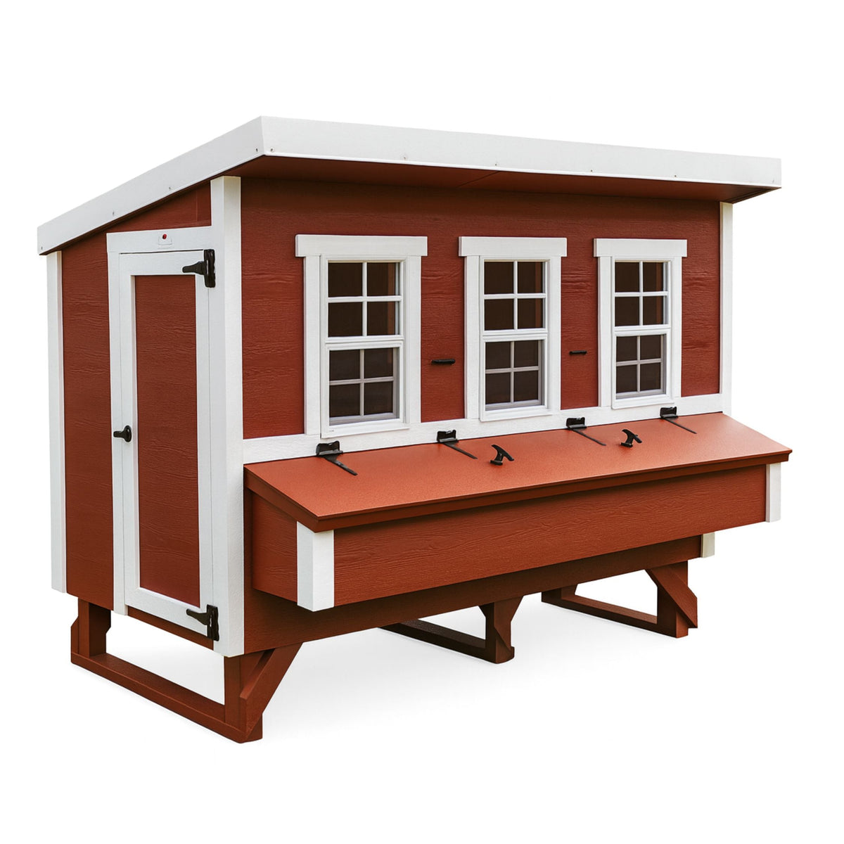 Red XL chicken coop with white trim, front view with nesting boxes