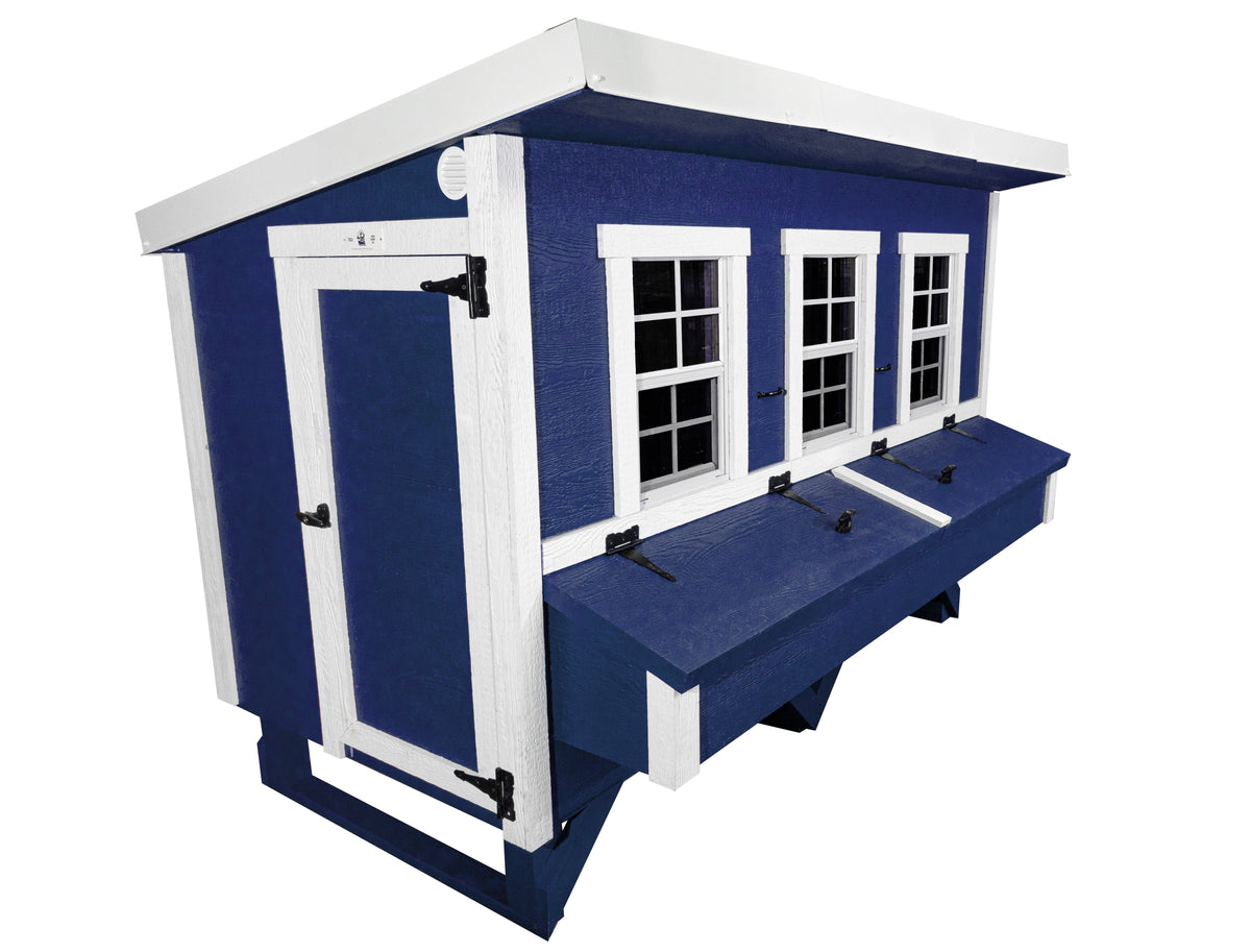 Blue XL chicken coop with white trim and nesting boxes