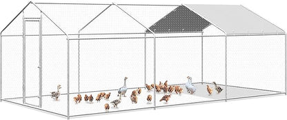 Large Metal Chicken Coop, Walk-in Chicken Run Pen with Waterproof Cover, Spire Roof Poultry Cage for Outdoor, Backyard, Farm