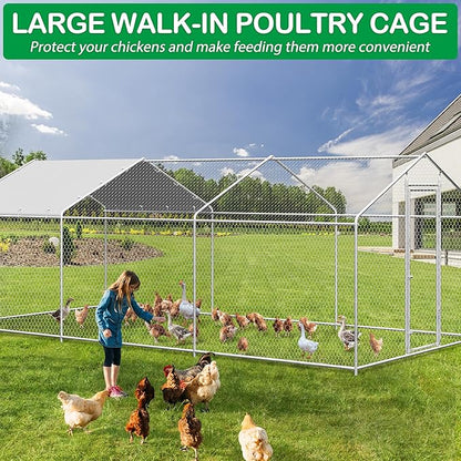 Large Metal Chicken Coop, Walk-in Chicken Run Pen with Waterproof Cover, Spire Roof Poultry Cage for Outdoor, Backyard, Farm