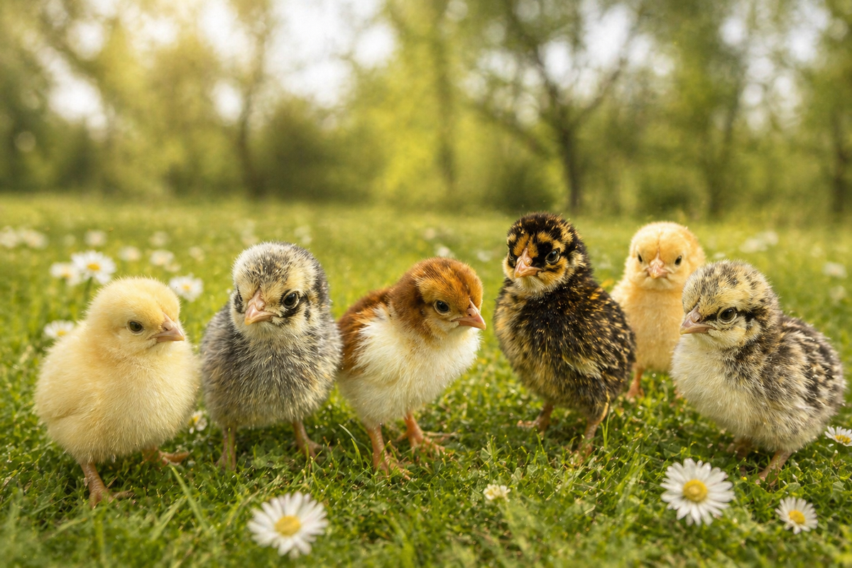 Baby chicks of several breeds standing in the grass