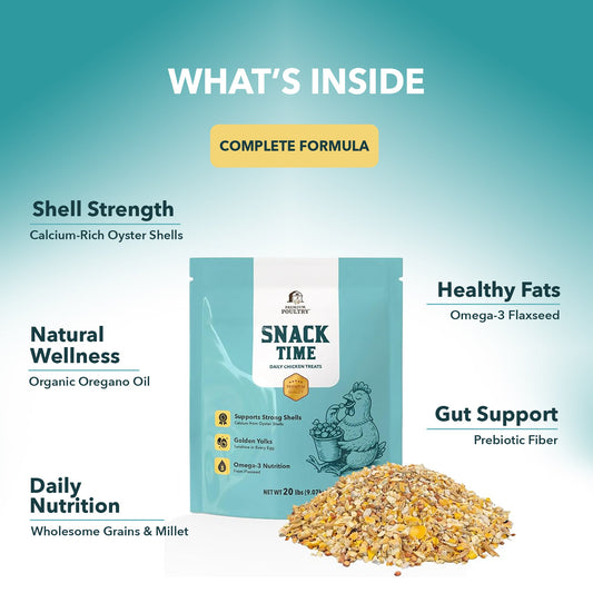What's inside Snack Time: oyster shell, flaxseed, oregano oil and grains