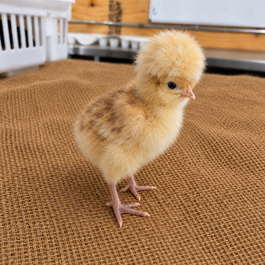 Illustration of a day-old Polish chick. Real photo coming soon.