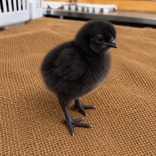 Illustration of a day-old Ayam Cemani chick. Real photo coming soon.