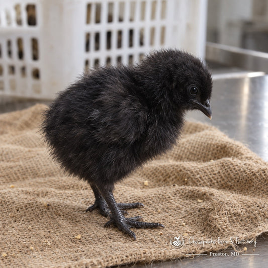All-black Ayam Cemani day-old chick with dark legs on burlap