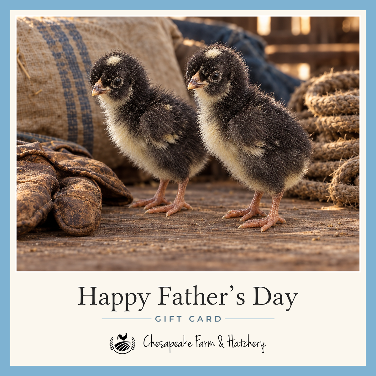 Father's Day gift card showing two black Barred Plymouth Rock chicks on a barn workbench by leather work gloves and rope, with the Chesapeake Farm & Hatchery logo