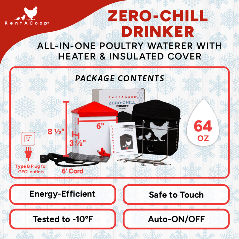 RentACoop Zero Chill Heated Drinker – 64 oz All-in-One Poultry Waterer with Heater & Insulated Cover
