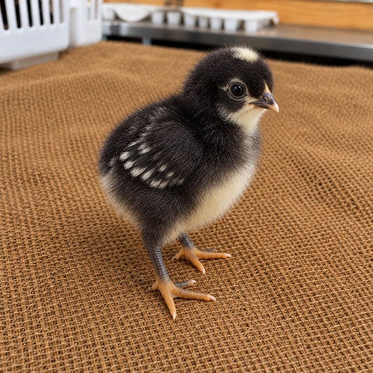 Illustration of a day-old Barred Plymouth Rock chick. Real photo coming soon.